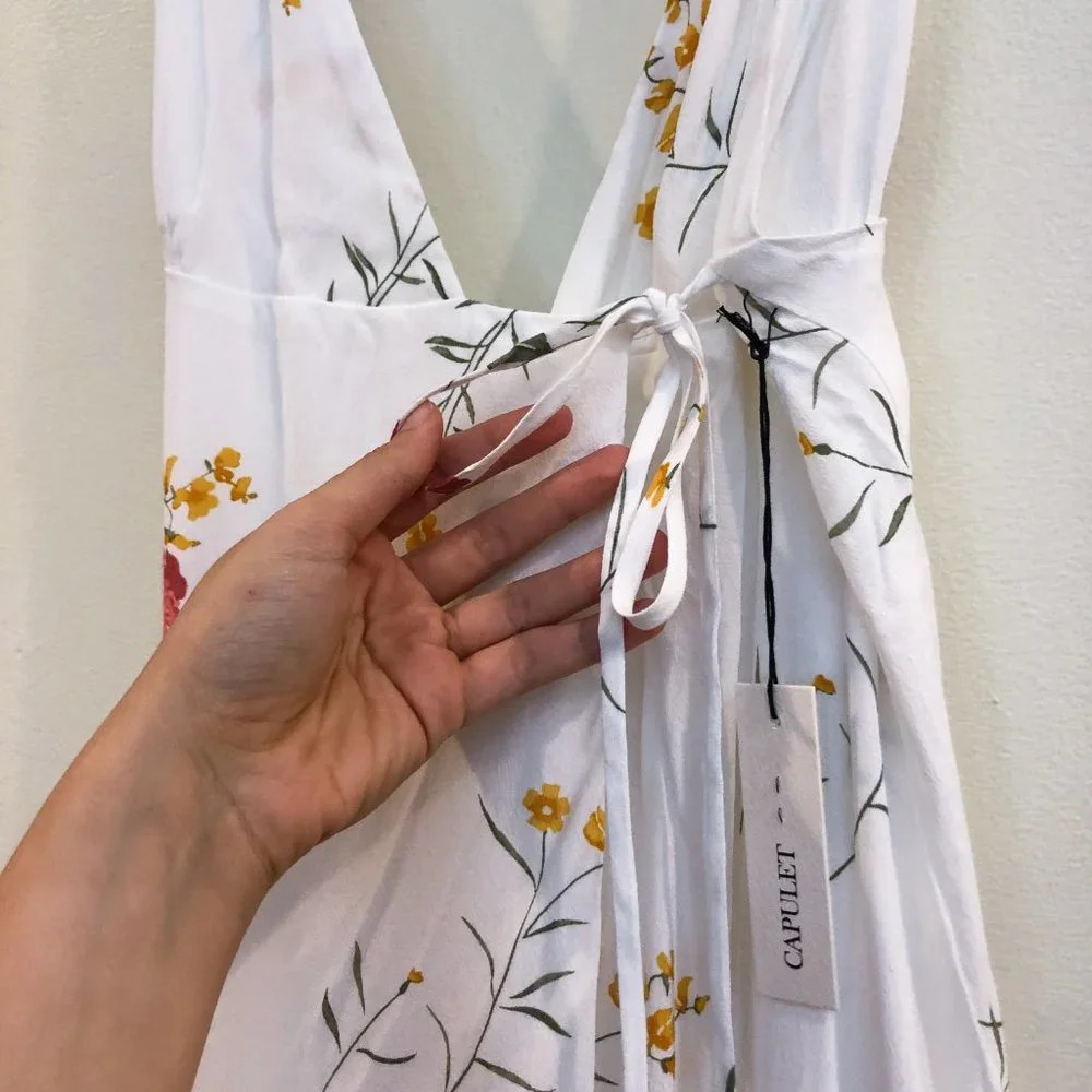 Capulet White Floral V Neck Backless Adjustable Bohemian Wrap Maxi Dress XS NWT - Picture 6 of 13